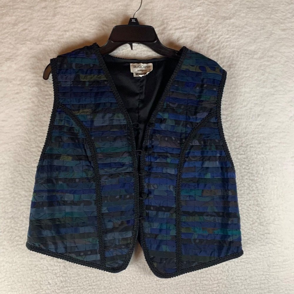 Silkscapes Women's Blue‎ Black Lace Trimmed Button Front Vest Jacket Size L 8749